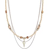 GINTEI Beaded Necklace for Women Trendy, Boho Beaded Glass Silver Mixed Strand Short Necklace for Women Stacking layered necklaces Summer Beach Jewelry