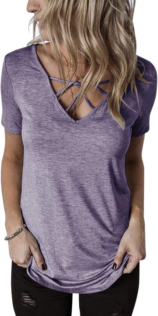 Hilltichu Womens Criss Cross Summer Tops Casual Short Sleeve Shirt V-Neck Tees