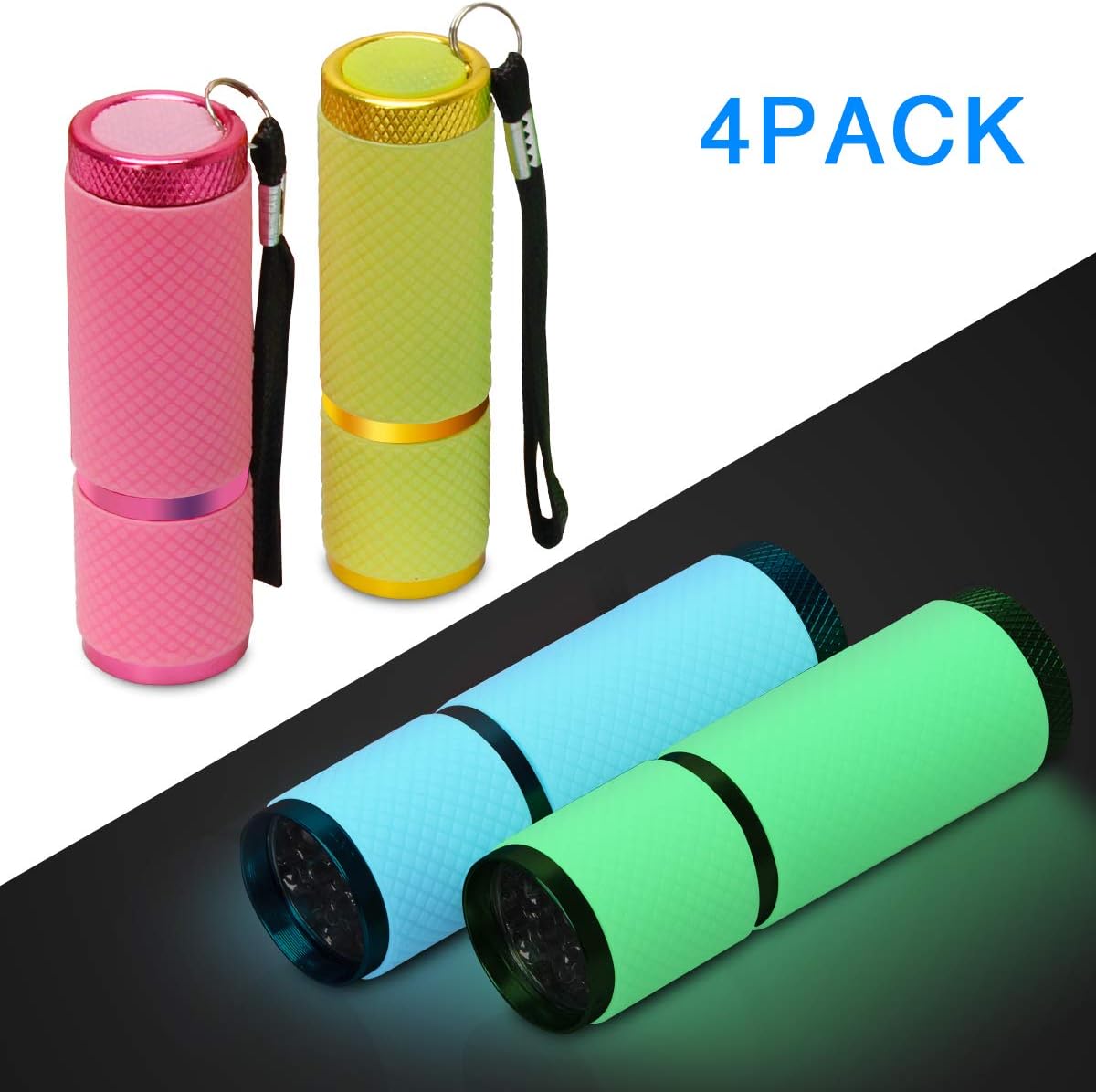 Adecco LLC 9 LED Glow in Dark Flashlights, 4 Pack Rubber Coated Flashlights with Straps, Portable Handy Lights for Camping, Hiking, Indoor, Assorted Colors - - 