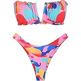 ZAFUL Women's Strapless Ribbed V Wired Lace Up Ruffle Tie High Cut Bandeau Swimsuits Bikini Set
