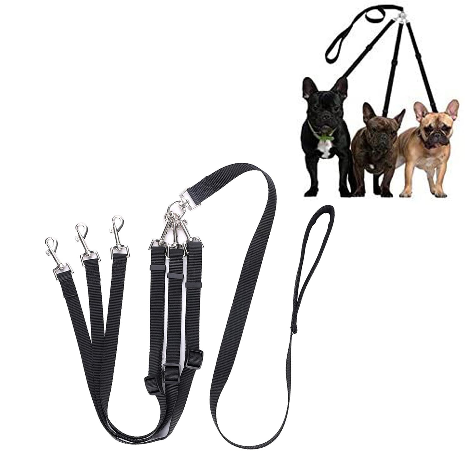 Triple Dog Lead for Three Dogs - Adjustable Detachable Nylon Training Leash With Traction Rope for Pets - Black