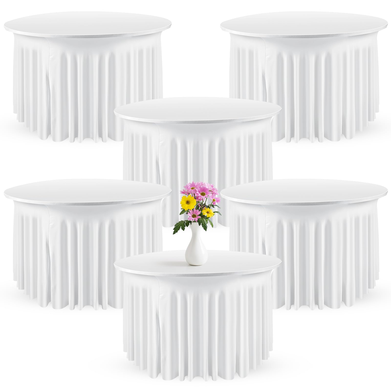 Photo 1 of Preboun 6 Pack Spandex Round Tablecloths - 48 Inch Wrinkle Free Stretchy Table Clothes with Skirt for Party Wedding Home Decoration (White)