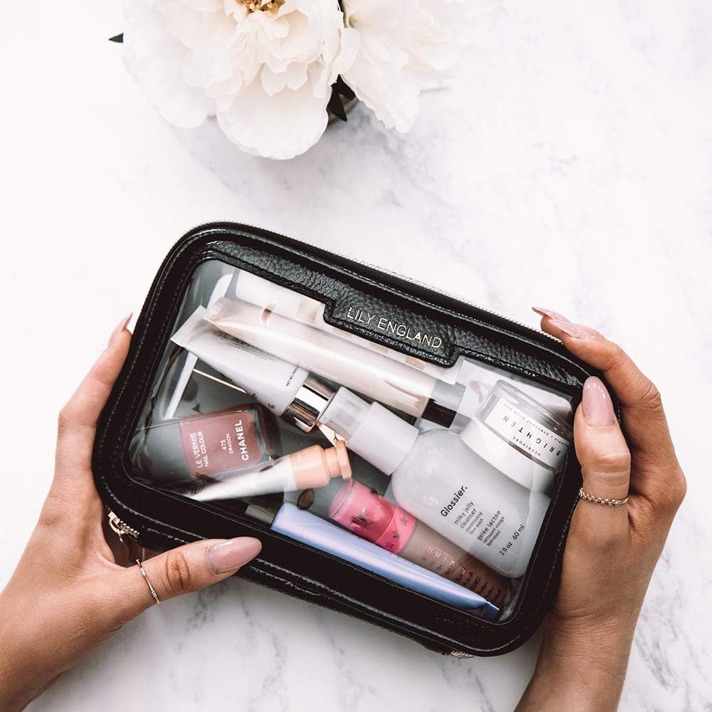 Clear Travel Makeup Bag Organiser - Small Cosmetic Case Portable Airport Toiletry Bag by Lily England - Black & Gold - Image 3