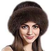 Valpeak Womens Winter Hat Knitted Mink Real Fur Hats with Fox Brim