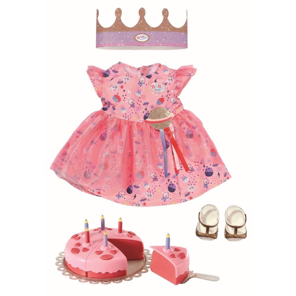 BABY born Deluxe Happy Birthday Set 43cm - For Toddlers 3 Years and Up - Easy for Small Hands - Includes Birthday Set, Dress, Shoes, Crown and Cake