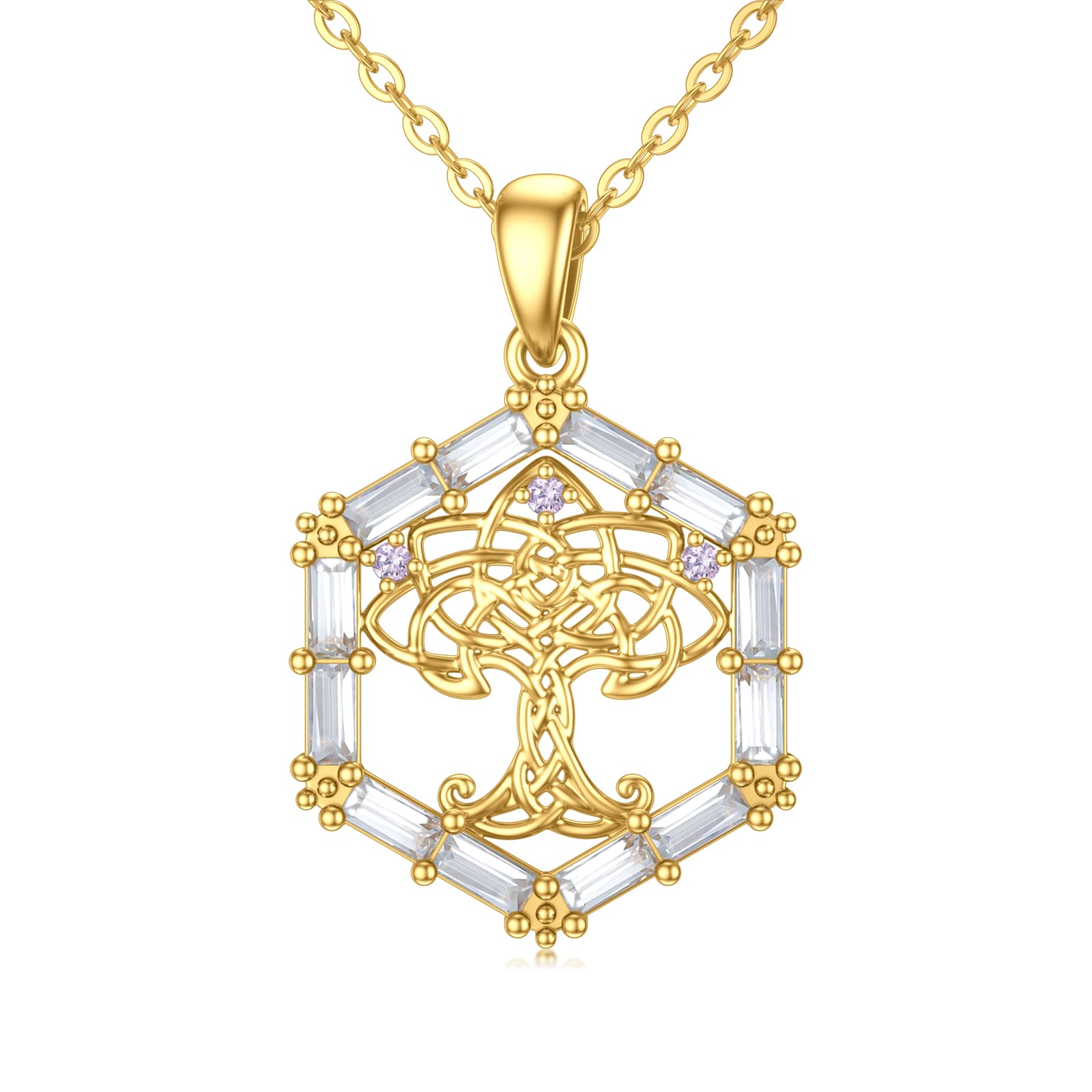 YDD Tree of Life Necklace 9ct Solid Gold Family Tree Necklace with Celtic Knot, Hexagon Pendant Mothers Day Gifts for Mum Girlfriend Wife Her 16+1+1 inch