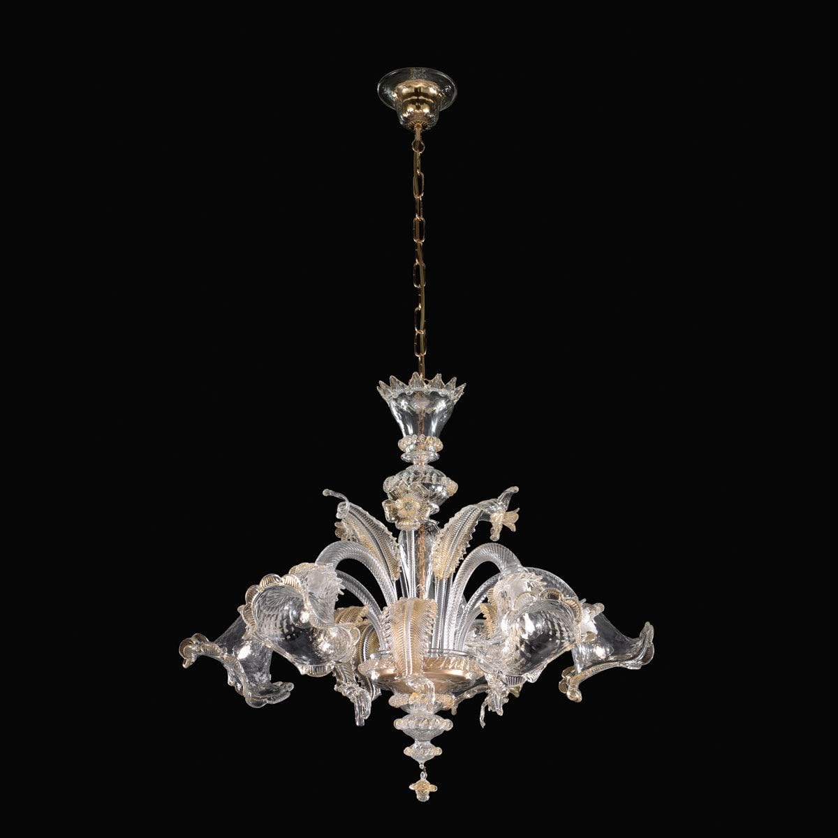 Murano Collection Murano Glass Chandelier in 24 Carat Gold Gold Transparent Glass Handmade in Italy Luster Classic Transparent Gold Lamp E14