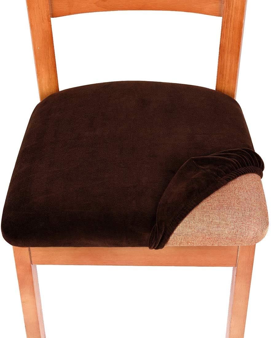 smiry Stretch Chair Seat Covers for Dining Room Velvet Dining Chair Seat Protectors Chair Slipcovers, Set of 6, Coffee - Image 4