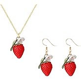 QLUYCKW 3PCS Red Strawberry Jewelry Set for Women Dainty Lovely Sweet Strawberry Fruit Pendant Necklace Fashion Strawberry Rhinestone Bracelet Birthday Party Chic Jewelry