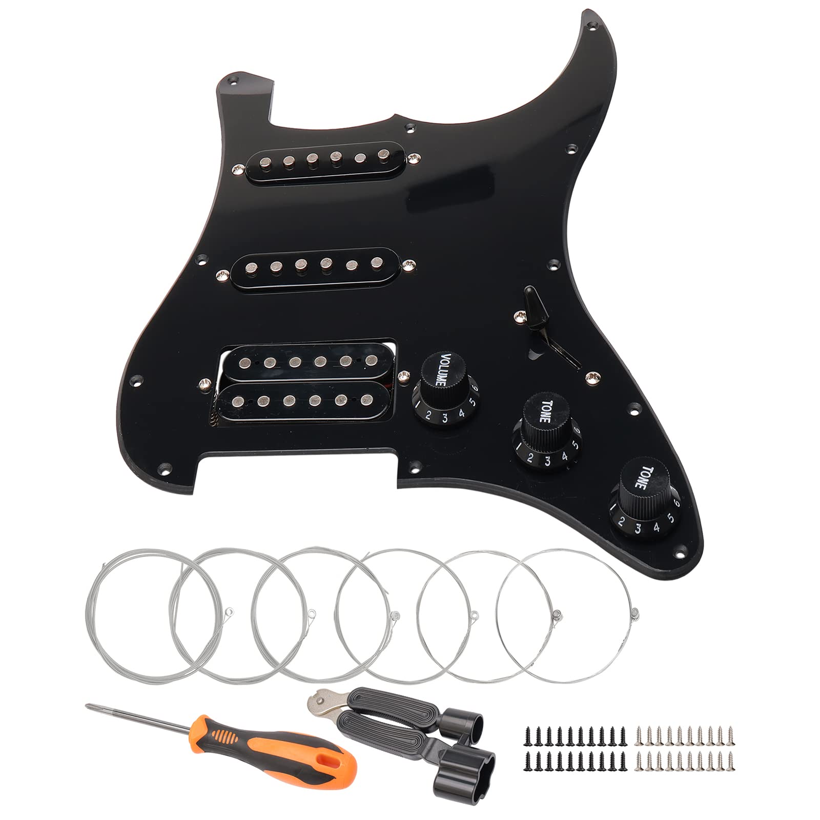 Unxuey 11 Hole Loaded Prewired Pickguard Guard Plate with Black SSH Pickup Parts for Fender Strat SQ Guitar, 1Ply Black, with Guitar Strings and Installation Tool