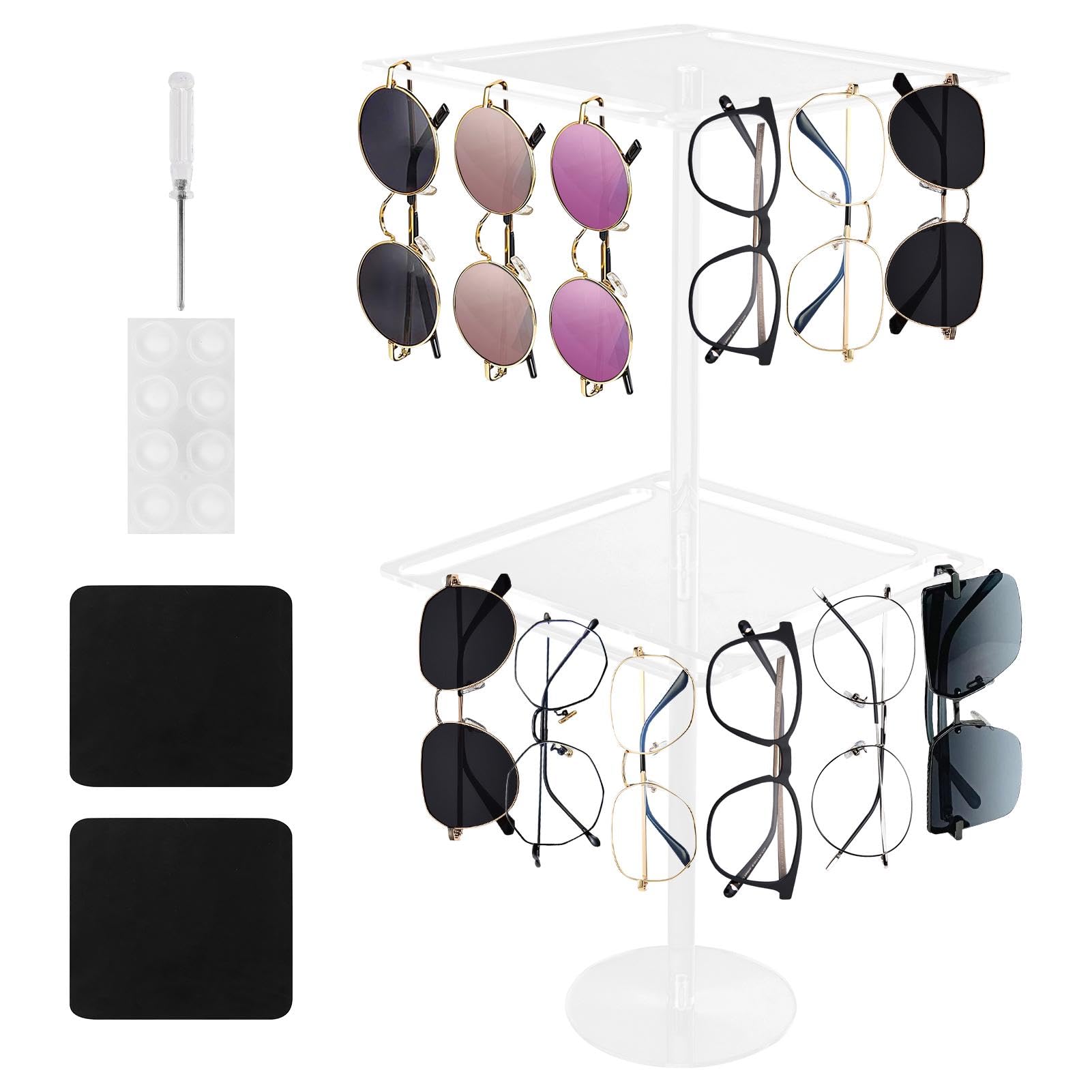 Photo 1 of 360° Rotating Acrylic Sunglasses, 2 Tier Eyewear Holder Display, Eyeglasses Display Rack Clear Glass Tabletop Organizer for 24 Pairs of Eyewear(Clear,Size:15.75inch)