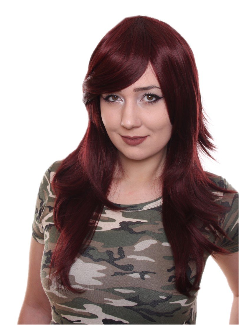 Prettyland C358 Long Hair Women Wig Straight Layered Haircut Long Bangs Heat Resistant Dark Red