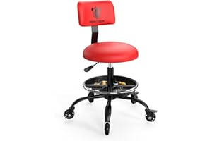 FREEKYROCK Rolling Shop Stool with Wheels, Garage Mechanic Stool Chair with Backrest, Height Adjustable Heavy Duty Swivel Task Chair, Adjustable Footrest with Storage Tray for Garage Kitchen Salon Tattoo (Red)