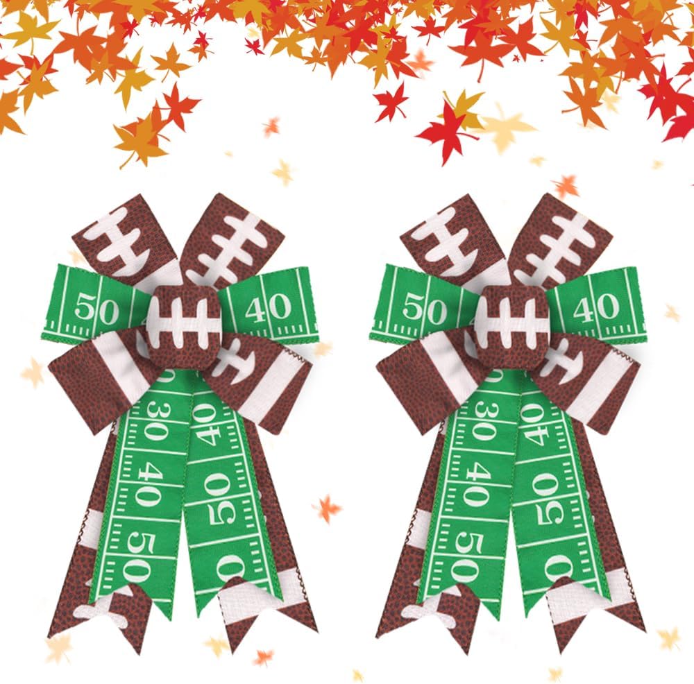 Bows & Ribbons - Estivaux 2 Pieces Football Bows for Wreath, American Football Wreath Bows Brown Green Burlap Bow Rugby Craft Bow Sports Farmhouse Tree Bows for Front Door Football Game Decorations