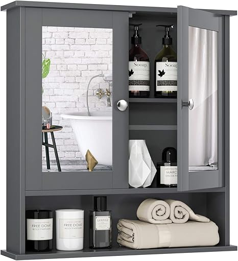 Amazon Com Tangkula Bathroom Cabinet Wall Mounted With Double Mirror Doors Wood Hanging Cabinet With Doors And Shelves Bathroom Wall Mirror Cabinet Gray Kitchen Dining