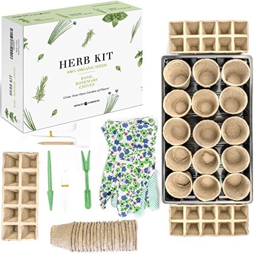 Herb Germination Garden Starter Kit - Kitchen Herbs Garden Kit &amp; Seed Tray - Indoor Seed Grow Kit, Starter Kit for Garden Gifts. Humidity Dome, Biodegradable Seed Cells, Garden Gloves