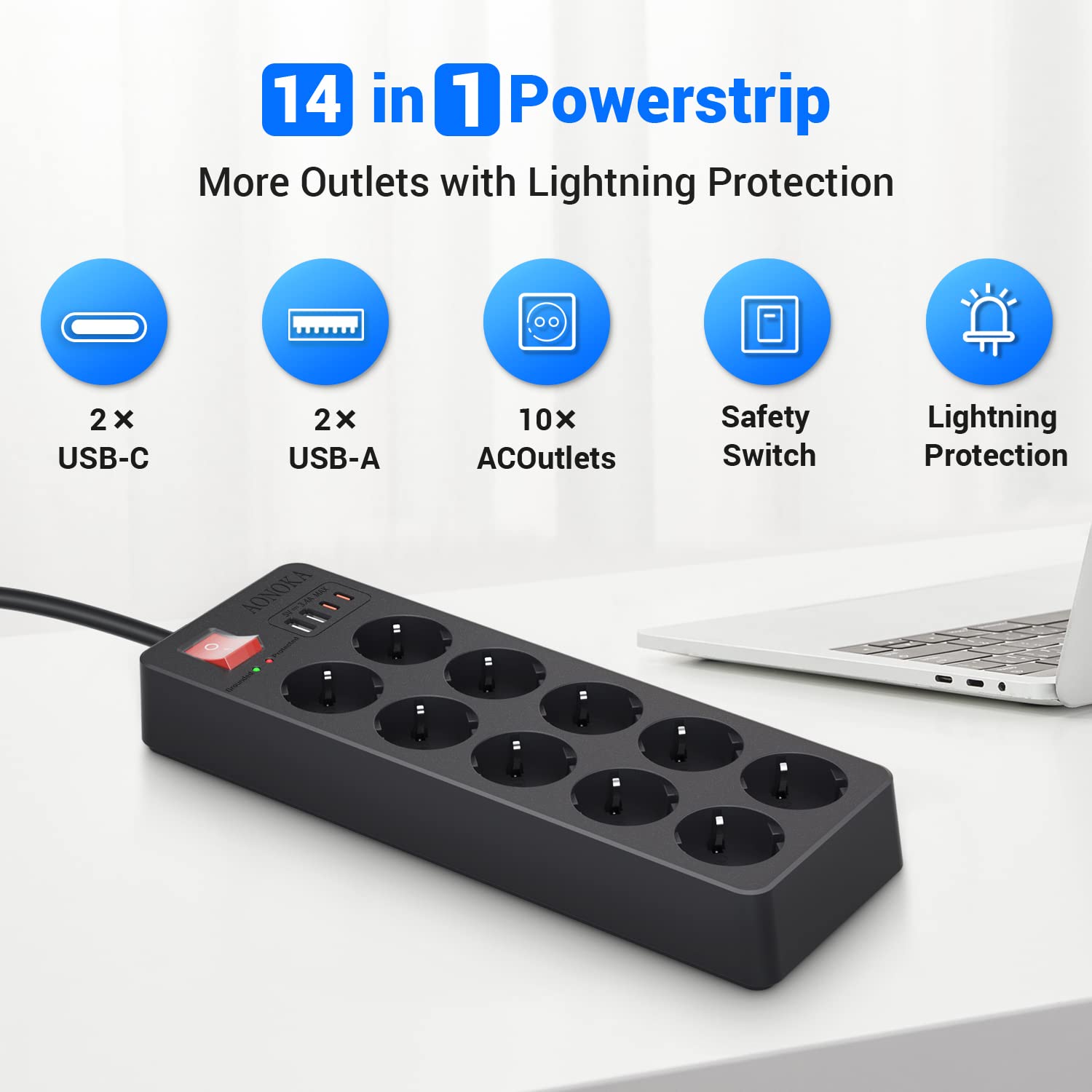 10-Fach Steckdosenleiste Überspannungsschutz Bis 1700 Joule, Mehrfachsteckdose mit USB C,Steckerleiste mit Schalter 4 USB Ladeanschlüsse und 10 Steckdose Wandmontage Verteilersteckdose 1,5M,Schwarz 2