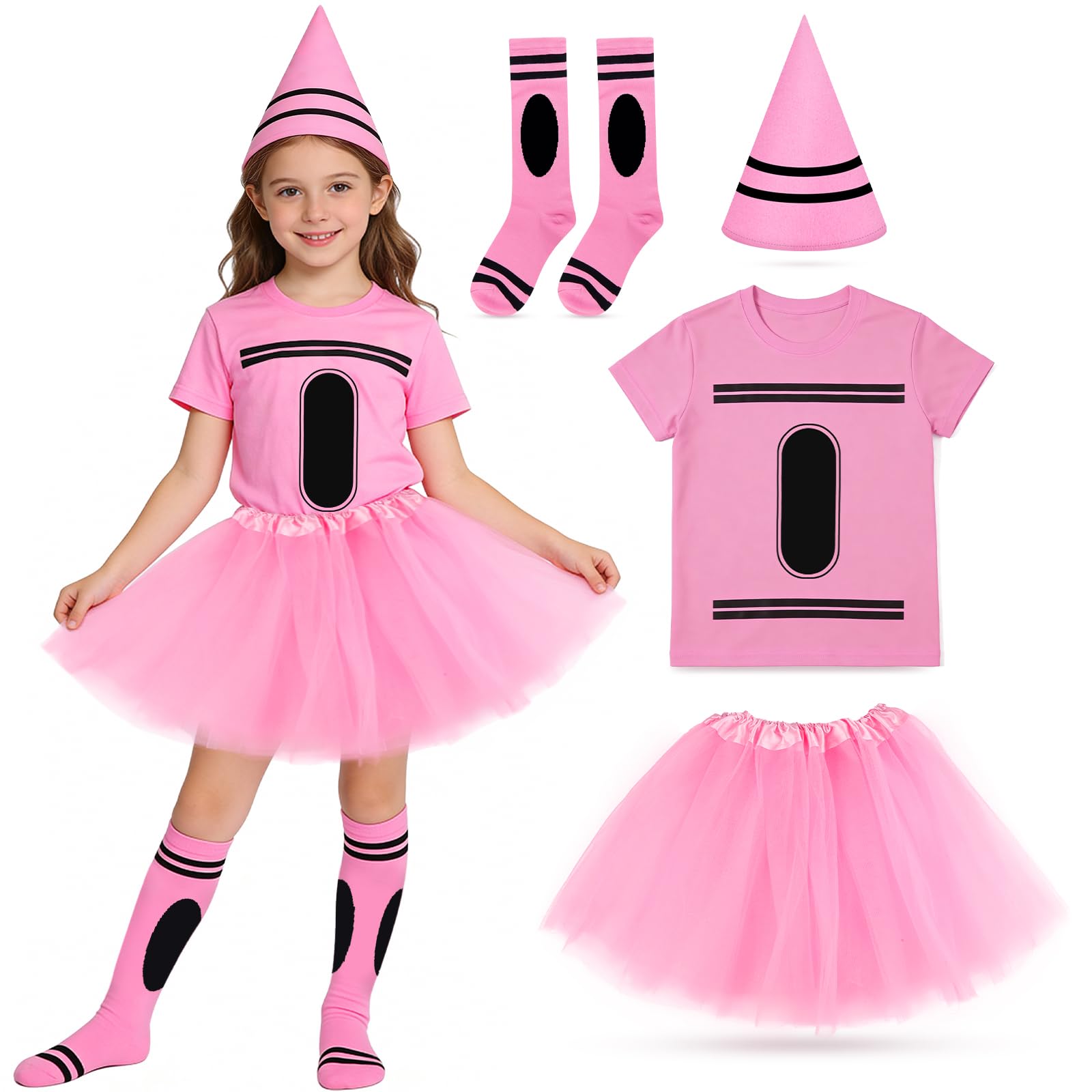 Ainvliya Kids Crayon Costume Set, World Book Day 2026 Full Costume Including T-shirt Socks Tutu Skirt Cone Hat Fancy Dress Costume for School Group Cosplay Party