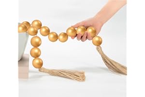 OMISHE Extra Large Wood Bead Garland Gold with 1.6" Diameter Wooden Beads and Tassels, 41" Long Rustic Farmhouse Country Decorative Beads for Home Tiered Tray Decor, Gold