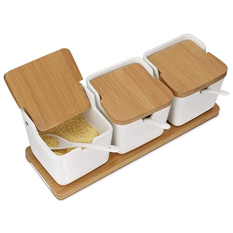 Ceramic Condiment Containers Spice Jars With Spoon Bamboo Spice Containers With Lids Sugar Storage Container And Salt Seasoning Box For Kitchen And