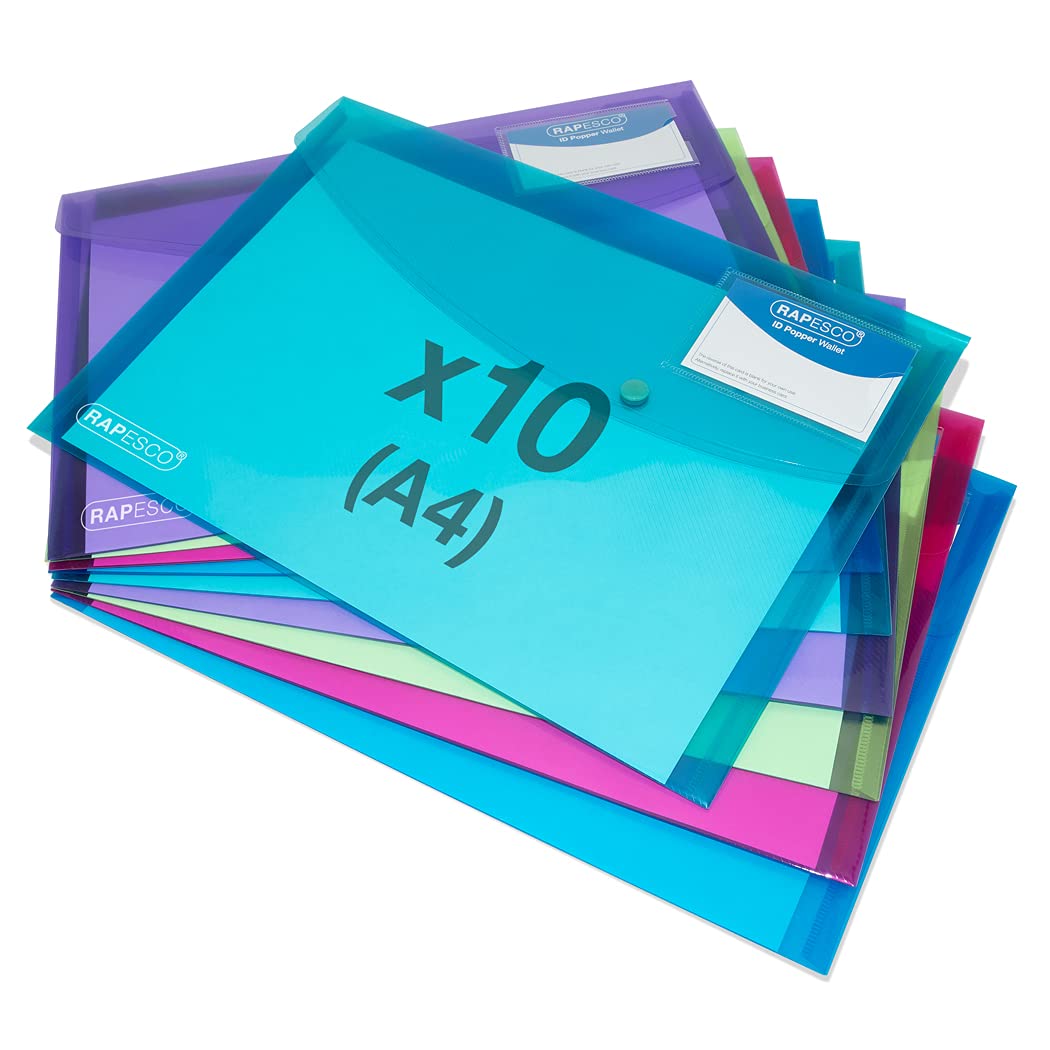 Rapesco 1681 ECO Recycled ID Popper Wallets, A4, Assorted Bright Transparent Colours, Pack of 10