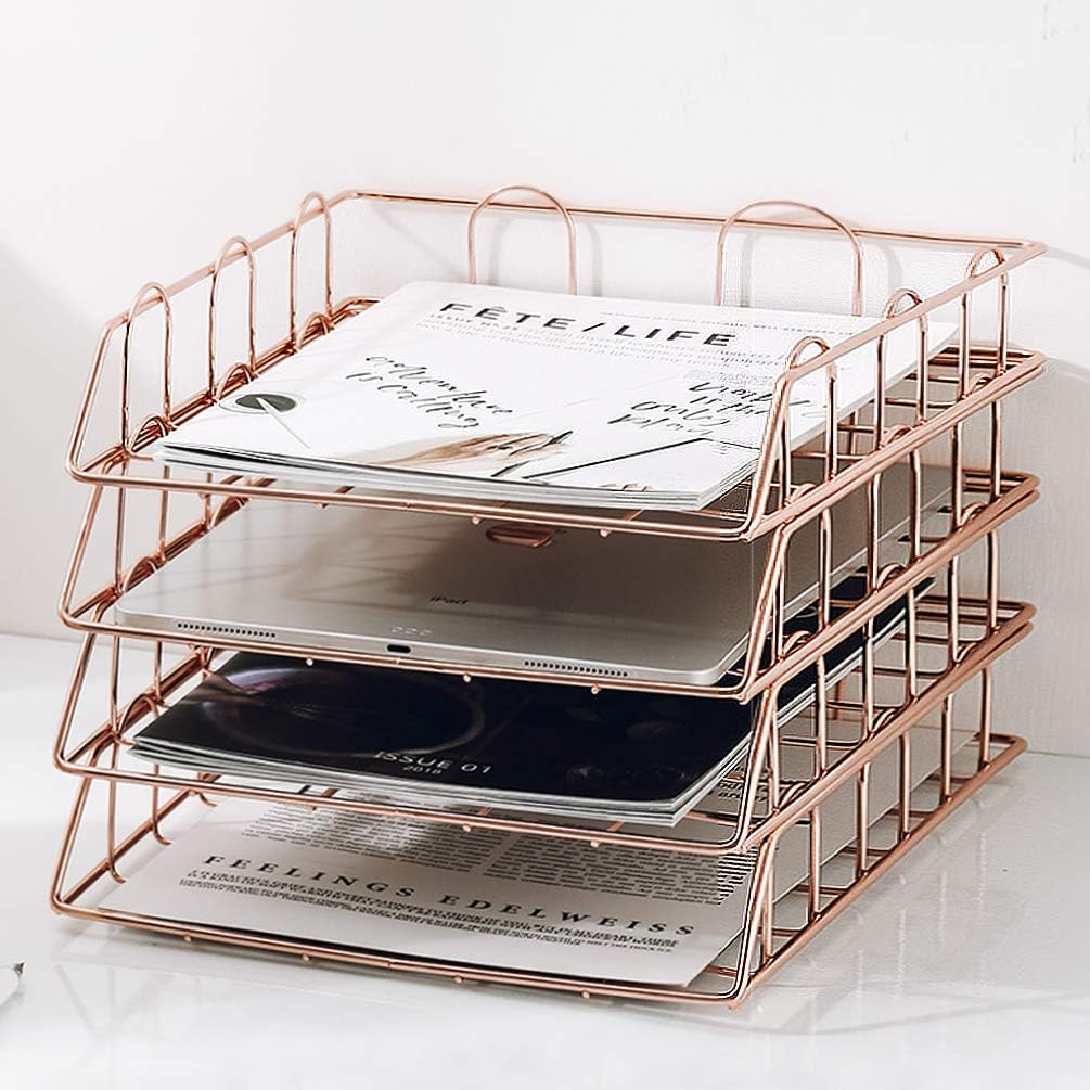Jolitac Rose Gold 4-Tier Stackable Paper Tray Desk Organizer, Workspace Decorative Stacking Rack Supplies Holder, Metal Letter Trays for File Documents in Home & Office (Rose Gold) : Office Products