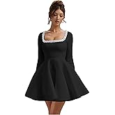 Winaiwi Long Sleeve Short Wedding Dress for Bride with Pearl Satin Square Neck Mini Bridal Gowns