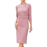 Allegra K Work Dresses for Women 3/4 Sleeve Stand V Neck Knee Length Elegant Dressy Casual Sheath Dress with Belt