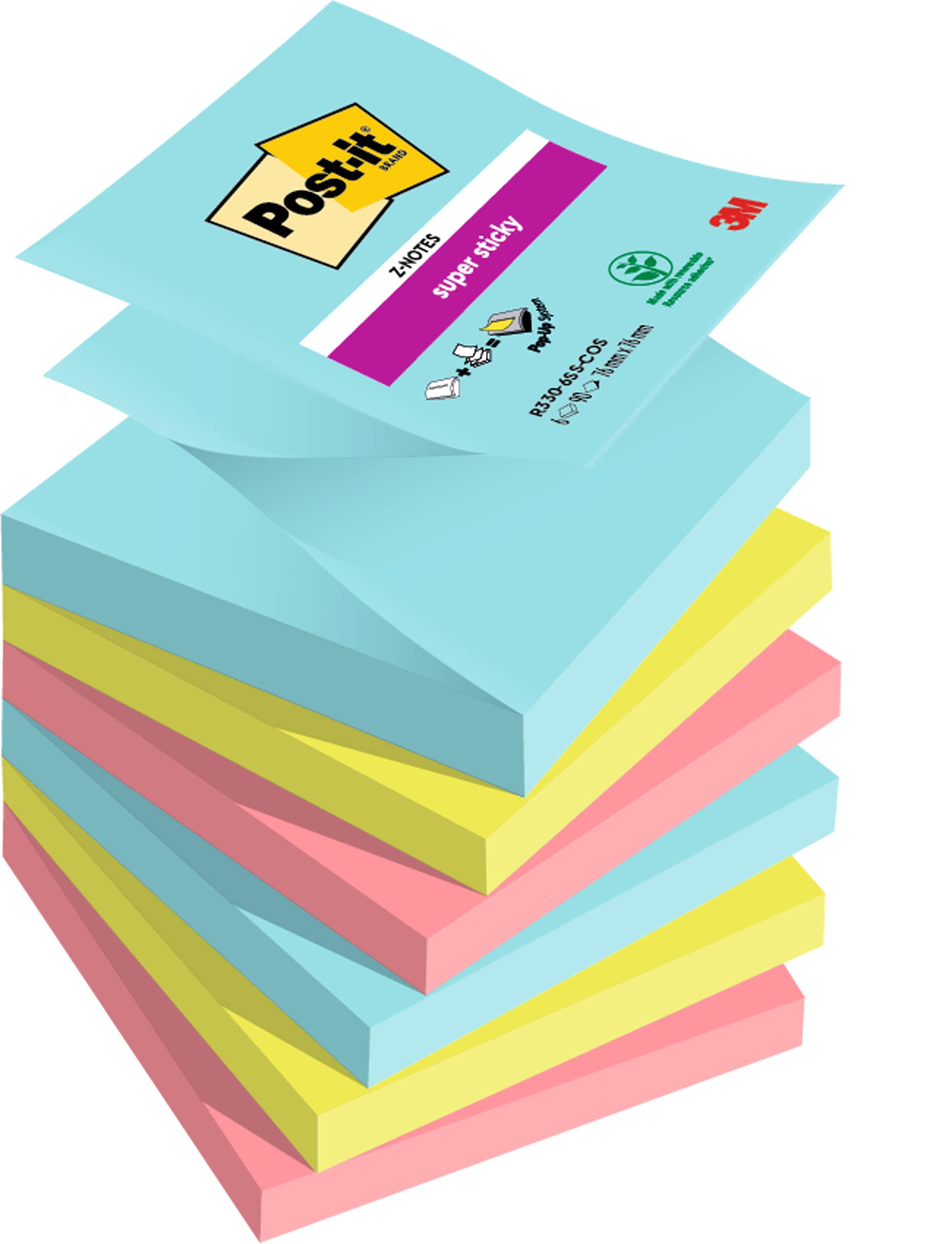 Post-it Super Sticky Z-Notes, 540 Sheets, Pack of 6 Pads, 76 mm x 76 mm - Holds Strong to Many Surfaces - Blue, Green, Pink - for Walls, Monitors and Fridge, Recycable
