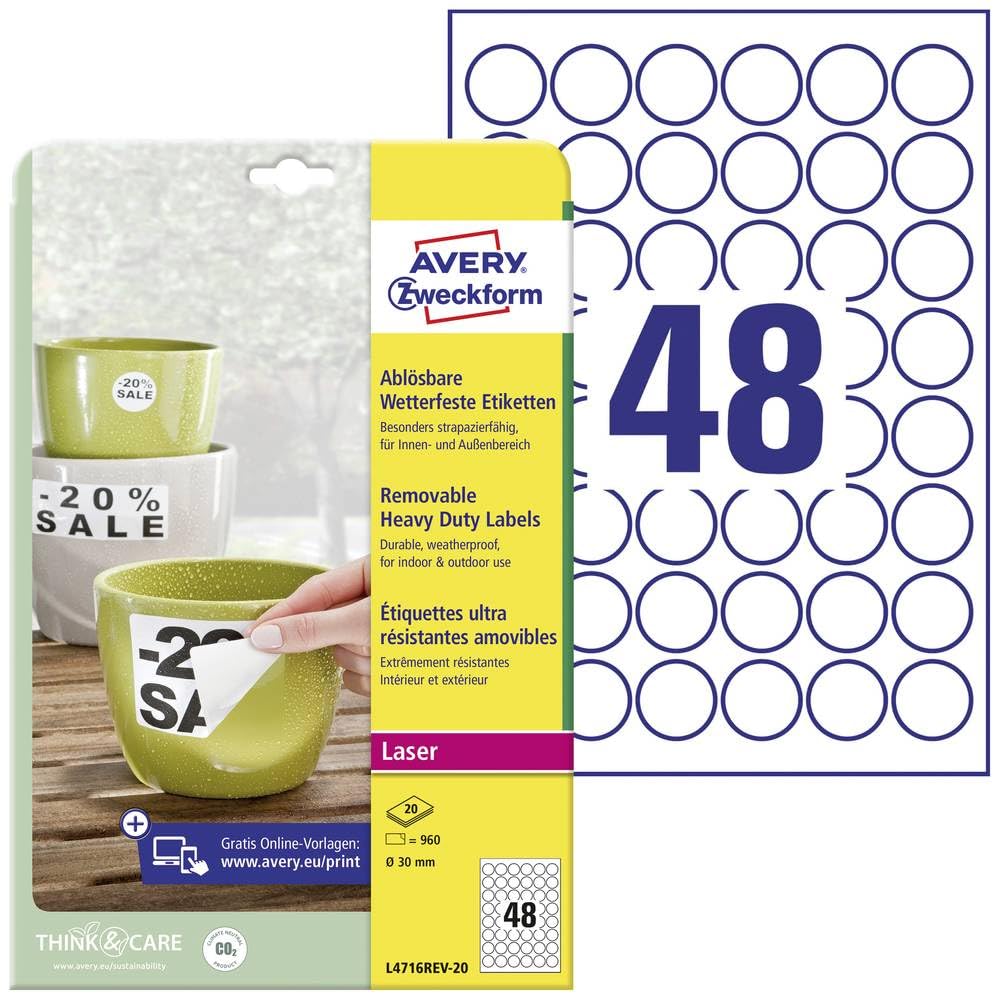 Avery Purpose Form L4716rev -20 Weatherproof Labels, Again Detachable, Around, Diameter 30 mm, 20 Sheet, 960 pcs, White