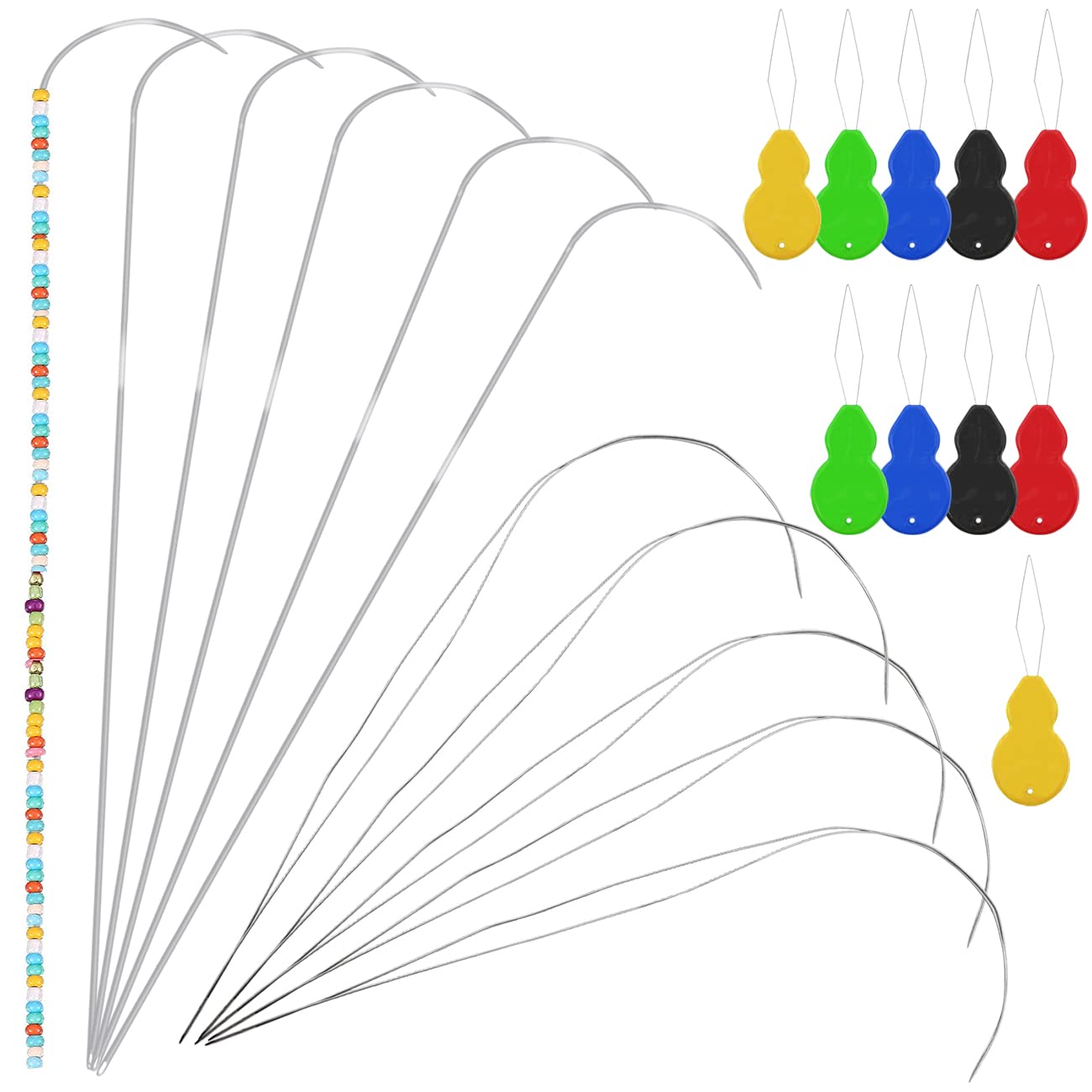 5 Pcs 4 Inch Big Eye Curved Beading Needle + 6 Pcs 7.5 Inches Curved Bead Spinner Needles + 10 Pcs Colorful Plastic Needle Threaders, Stainless Steel Sewing Seed Needle Tool Making String Bead Jewelry