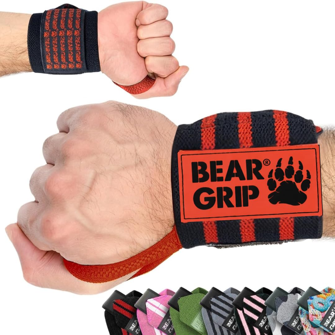 BEAR GRIP - Weight lifting wrist support wraps (Sold in pairs) (Black-Red-Tessellation-Wraps)