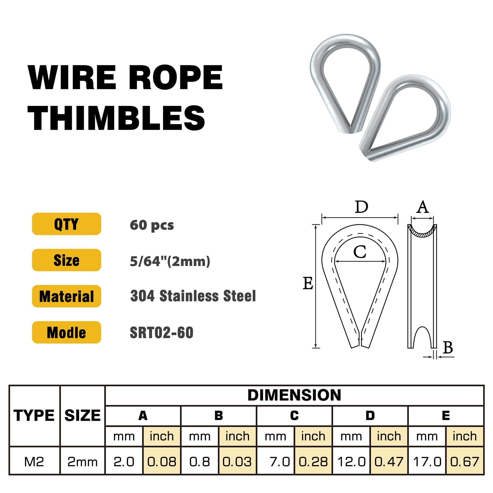 1/16 Stainless Steel Wire Rope, M2 Thimbles and Crimping Sleeves for 1/