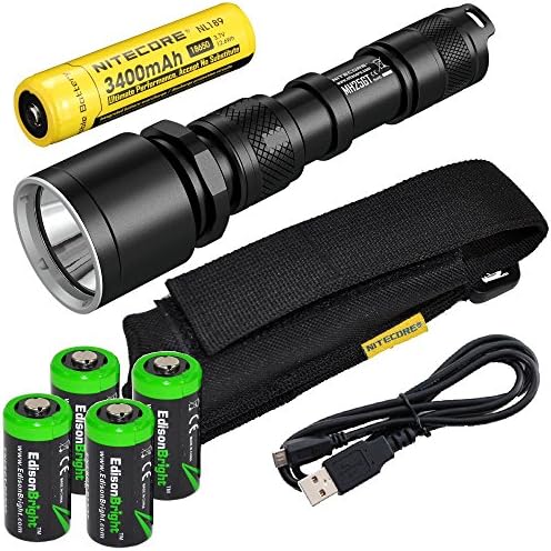 Nitecore MH25 CREE XM-L2 LED 960 Lumen USB Rechargeable Flashlight, 18650 rechargeable Li-ion battery, USB charging cable and Holster with 4 X EdisonBright CR123A lithium Batteries