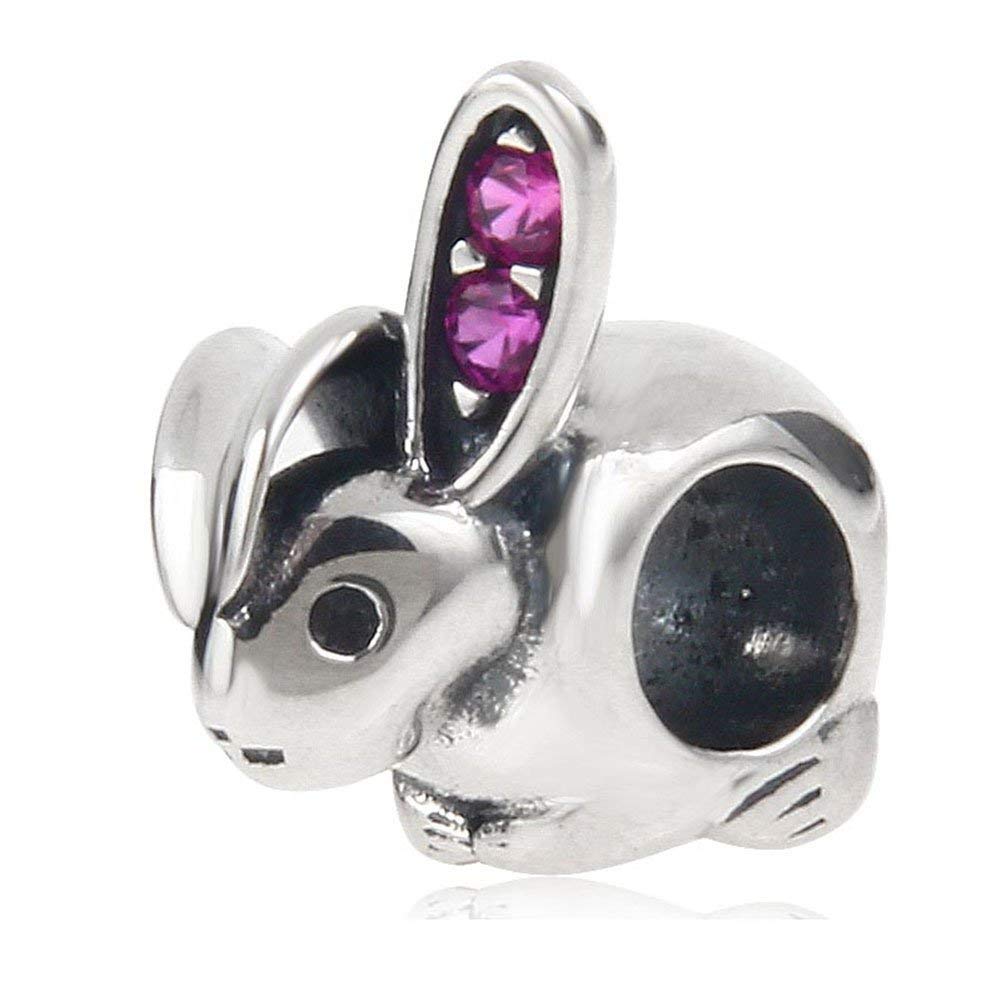 925 Sterling Silver Lucky Rabbit Charm Animal Charm Pet Charm Birthday Charm Christmas Charm for Pandora Charm Bracelet (C)