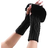 PESAAT Knit Arm Warmers Faux Fur Fingerless Gloves for Women Winter Wrist Warmers with Thumb Hole