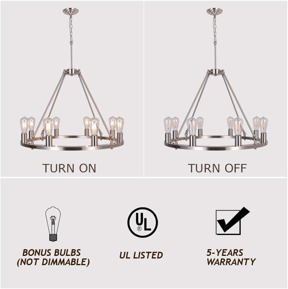 OSAIRUOS Farmhouse Rustic Chandelier Antique Retro Industrial Ceiling Pendant Light Round Rod Iron Chandeliers Lighting Fixture 8-Lights for Kitchen Island Living Room W30'', Nickel - - 