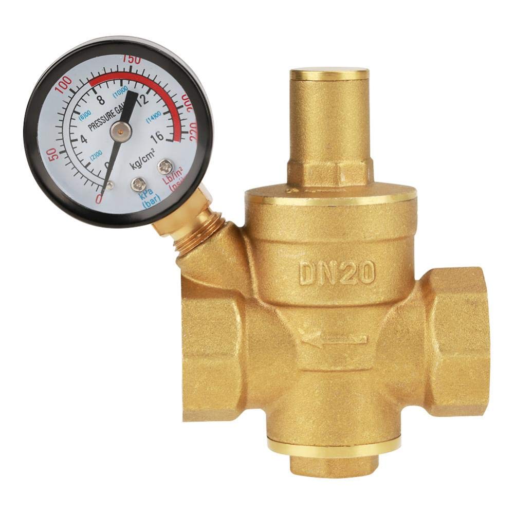 Adjustable Pressure Reducer Valve, DN20 Brass Water Pressure Regulator Reducer with Gauge Meter
