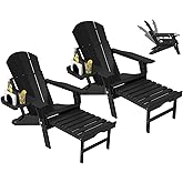 NAVINE Adjustable Adirondack Chair with Retractable Ottoman Set of 2, HDPE Folding Adirondack Chair with Cup Holder, All Weather Fire Pit Chair for Outdoor.