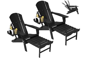 NAVINE Adjustable Adirondack Chair with Retractable Ottoman Set of 2, HDPE Folding Adirondack Chair with Cup Holder, All Weather Fire Pit Chair for Outdoor.