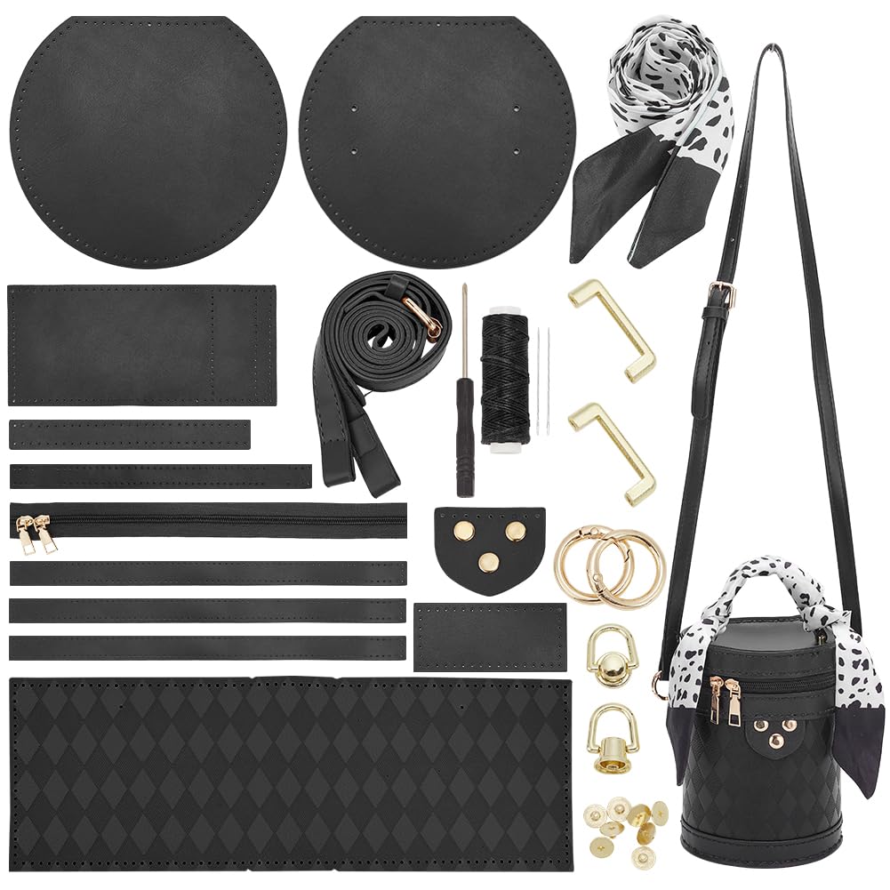 WADORN DIY PU Leather Crossbody Bag Making Kit, Shoulder Bucket Bag Making Set for Purse DIY Making Handmade Stitch Leather Bag Making Materials for DIY Handbag Accessories Shoulder Bag Making, Black