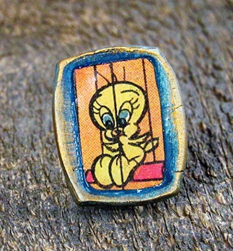 1.19" Tweety Bird Frame Brooch Lapel Pin Sylvester's Pal Blue and Goldtone Recycled Comic Book Pop Culture Jewelry Handmade Porcelain Clay Fashion Accessory