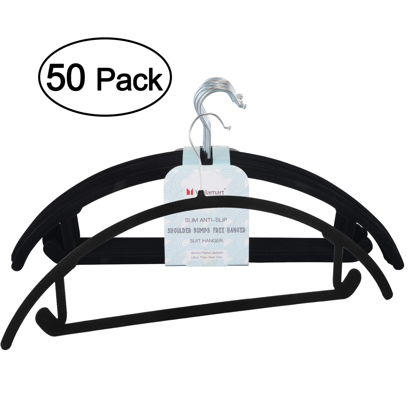 Voilamart Velvet Hangers Pack of 50 No Shoulder Bumps Suit Hangers with Chrome Hooks, Non Slip Space Saving Clothes Hangers Heavy Duty Rounded Hangers for Sweaters, Coat, Pants, Shirts, Dresses