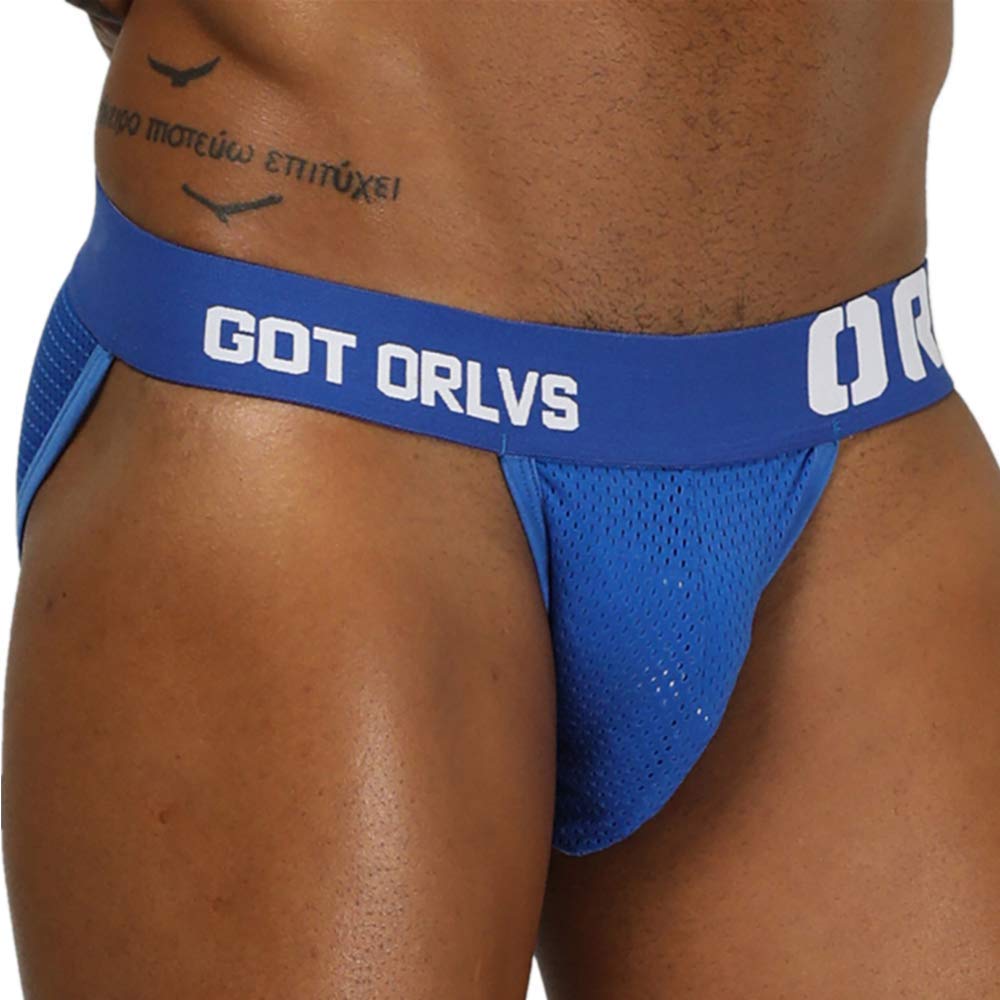 Comhere Men\'s Jockstraps Underwear Athletic Supporters Elastic Mesh Bikini Briefs Thong (Blue, XXL)