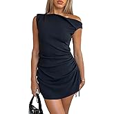 ZREQV Women's Summer Bodycon Dresses Sexy One Shoulder Side Drawstring Vacation Cocktail Club Party Cute Mini Dress