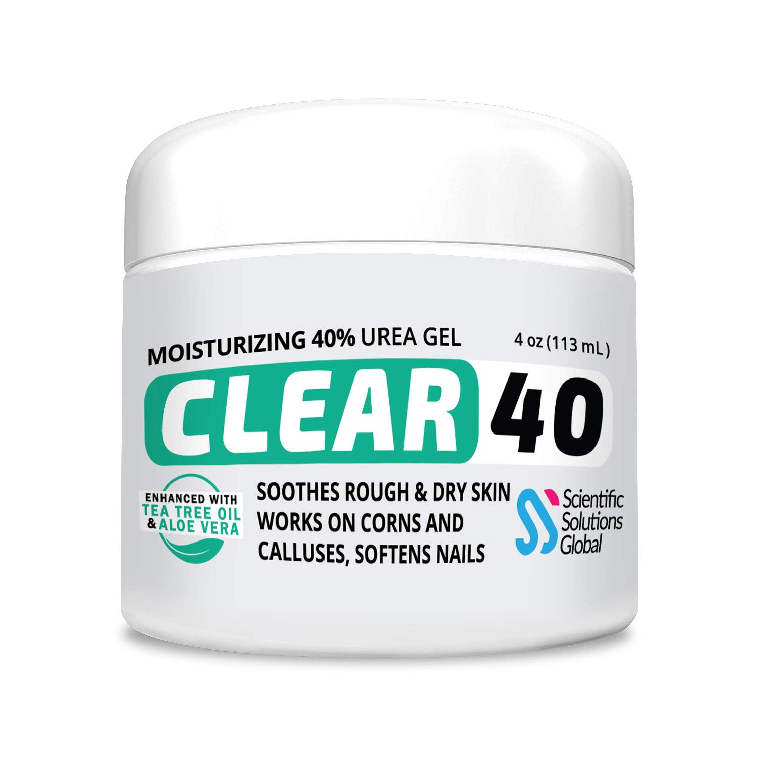 CLEAR 40, 40% Urea Gel, 4 oz w/ Tea Tree & Coconut Oil, Aloe Vera Extract, Callus & Corn Remover Moisturizes & Softens Cracked Heels, Feet, Elbows, Hands, Nails, Re-hydrates skin better than creams