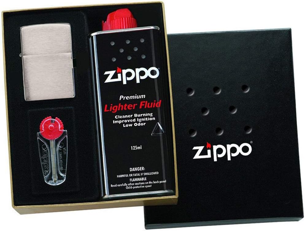 Zippo Lighter Gift Set - Brushed Chrome Engraved by Pocket Gift - presented in a Luxury Gift Box + a 6 Flint Dispenser + 4 Ounce Fuel Tin to give the Perfect Present (FUEL SHIPS SEPARATELY)