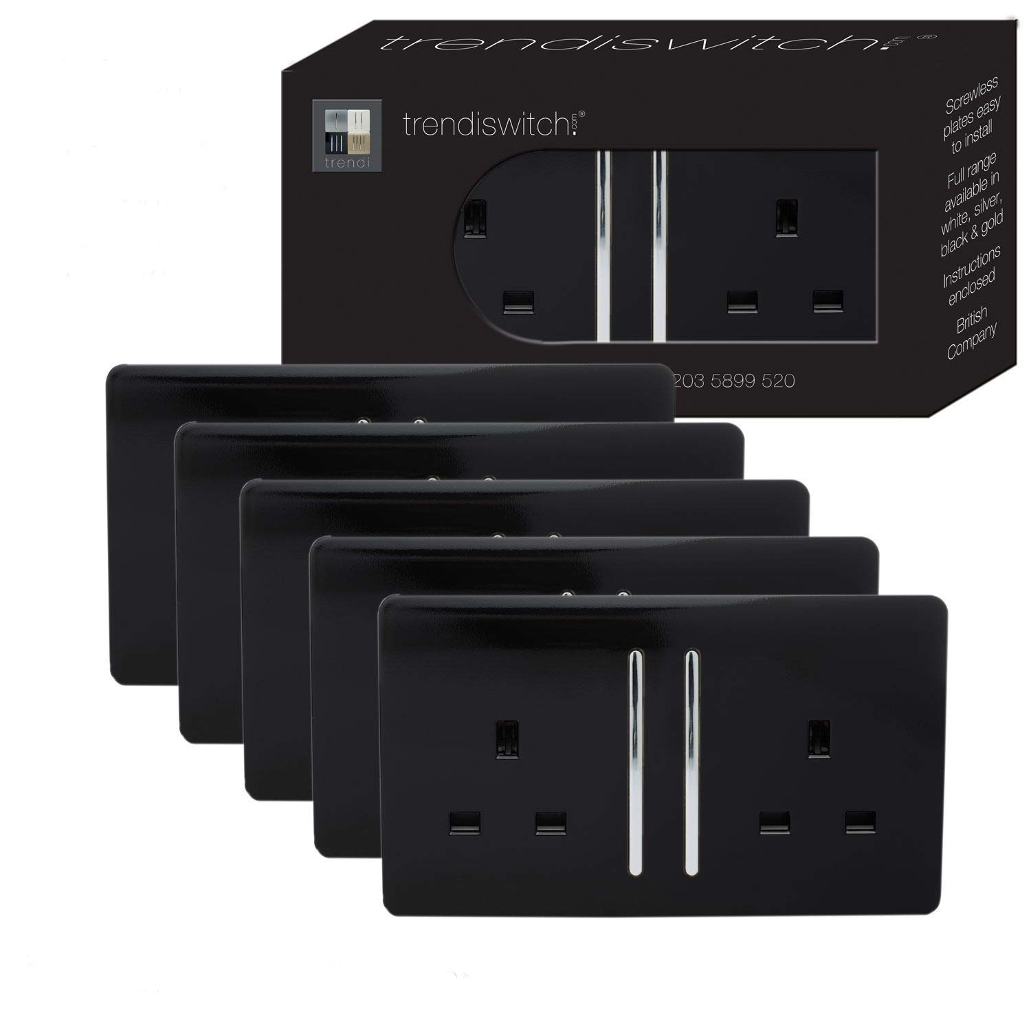 Trendi 2 Gang Raised Artistic Modern Glossy Screwless 13 Amp Single Pole with Chrome Switched UK Standard Electrical Double Wall Plug Socket in Piano Black (Pack of 5) - ART-SKT213LBK-P5