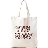 Zeghk Yee Haw Western Canvas Tote Bag for Women, Cowgirl Gifts, Western Stuff for Women, Cowgirl Stuff, Cowhide Cow Print Tote Bag, Reusable Grocery Bags Shopping Bags