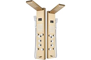 ELLO&ALLO LED Rainfall Waterfall Shower Head Rain Massage System with Body Jets Stainless Steel Bathroom Shower Panel Tower System, Brushed Gold